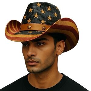 Milani Straw Cowboy Hat Stars/Stripes OS Western Rodeo Cabincore OSFM Sun Resdy